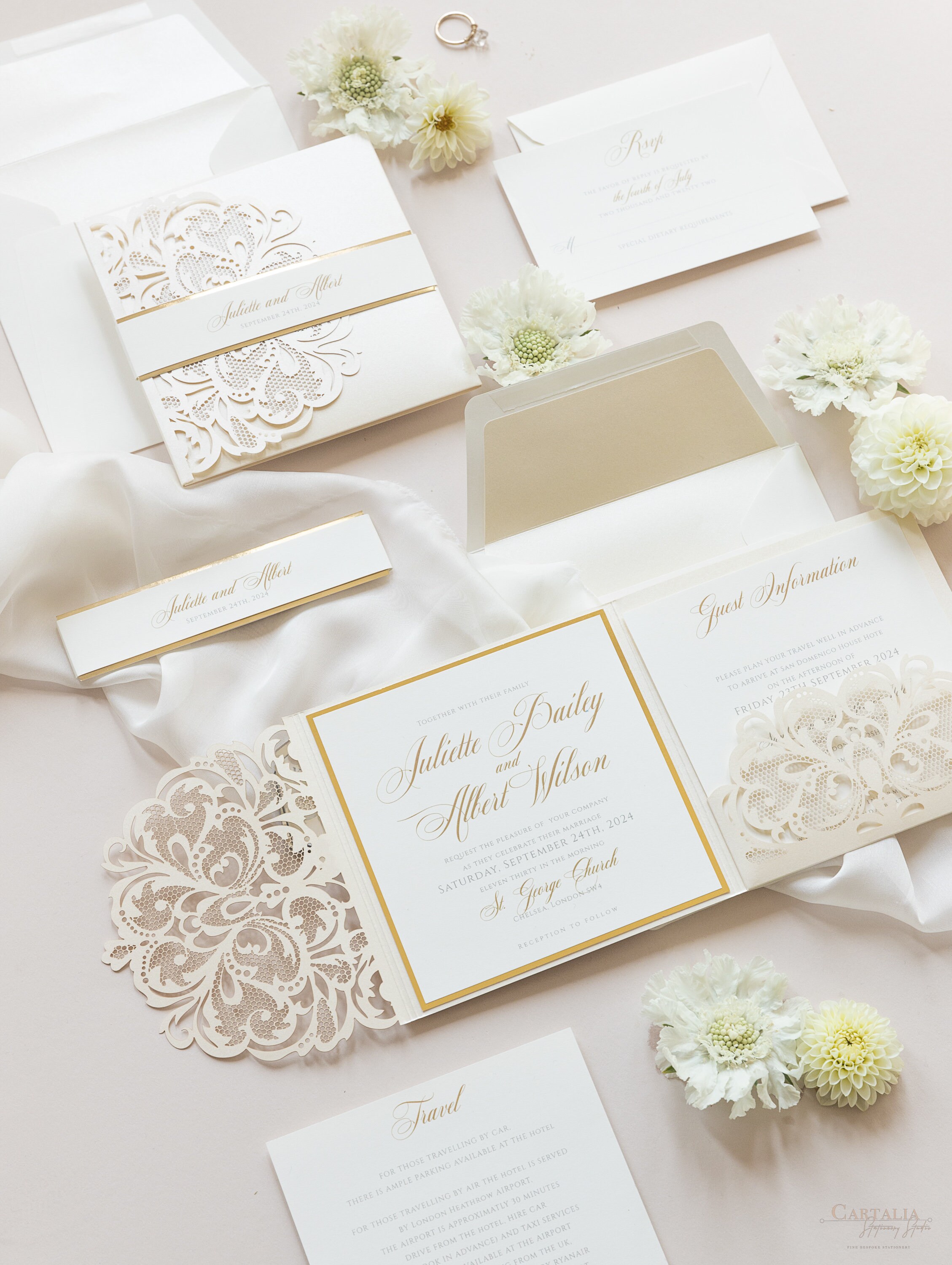 LILY pocket wedding invitation lemon lace diamante 