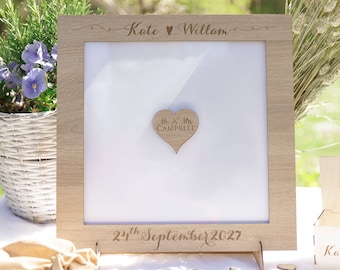 Small Classic Lightened Oak Rustic Elegant Alternative Personalised drop box Oak frame Wedding Guest Book with Hearts and Burlap Pouch Frame