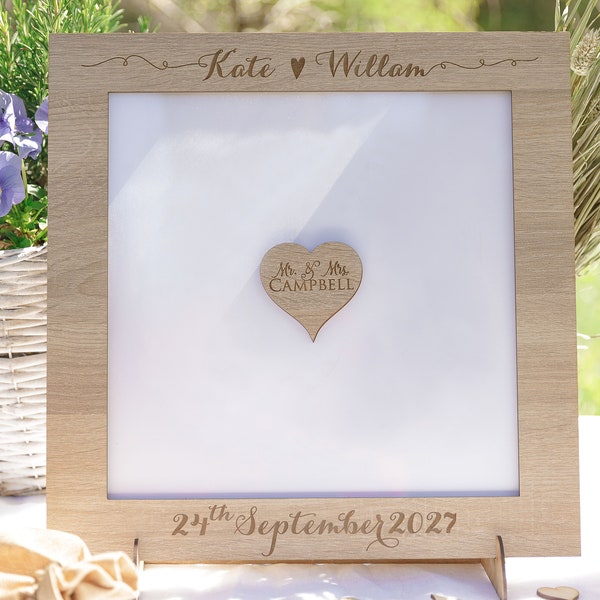 Small Classic Lightened Oak Rustic Elegant Alternative Personalised drop box Oak frame Wedding Guest Book with Hearts and Burlap Pouch Frame