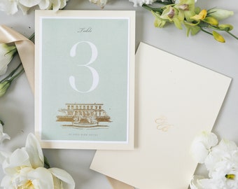 Table Numbers in Sage Green & Champagne with Custom Venue Sketch Foil, Table Names, Table Cards, Wedding On the Day Stationery
