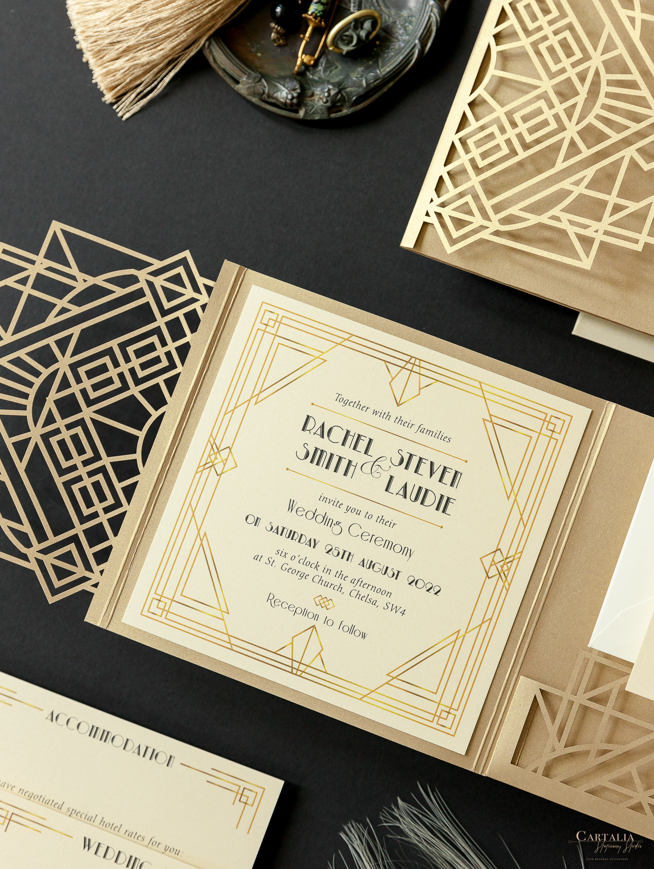 Black gold laser cut Invite, art deco wedding invitation laser cut