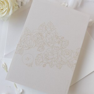 Luxurious Pearl Foil Intricate Laser Cut Roses Wedding Invitation Suite with Rsvp Detail & Belly Band Style Wrap, Pocketfold Invitation image 10