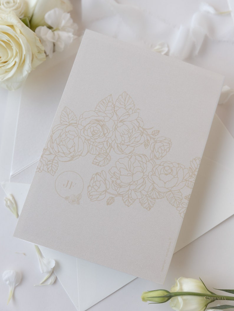 Luxurious Pearl Foil Intricate Laser Cut Roses Wedding Invitation Suite with Rsvp Detail & Belly Band Style Wrap, Pocketfold Invitation image 10