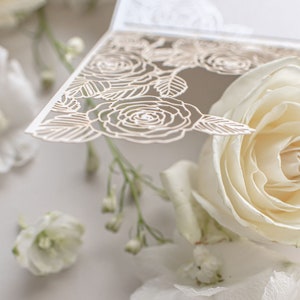 Rose Detail Laser Cut, Elegant Wedding Card Pearl Foil with Intricate Laser Cut Die Cut Rose Detail Wrap Day Invitation Envelopes image 5