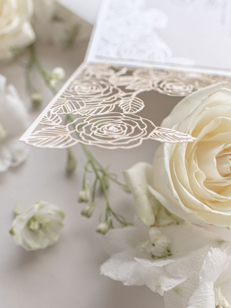 Rose Detail Laser Cut, Elegant Wedding Card Pearl Foil with Intricate Laser Cut Die Cut Rose Detail Wrap Day Invitation Envelopes image 5