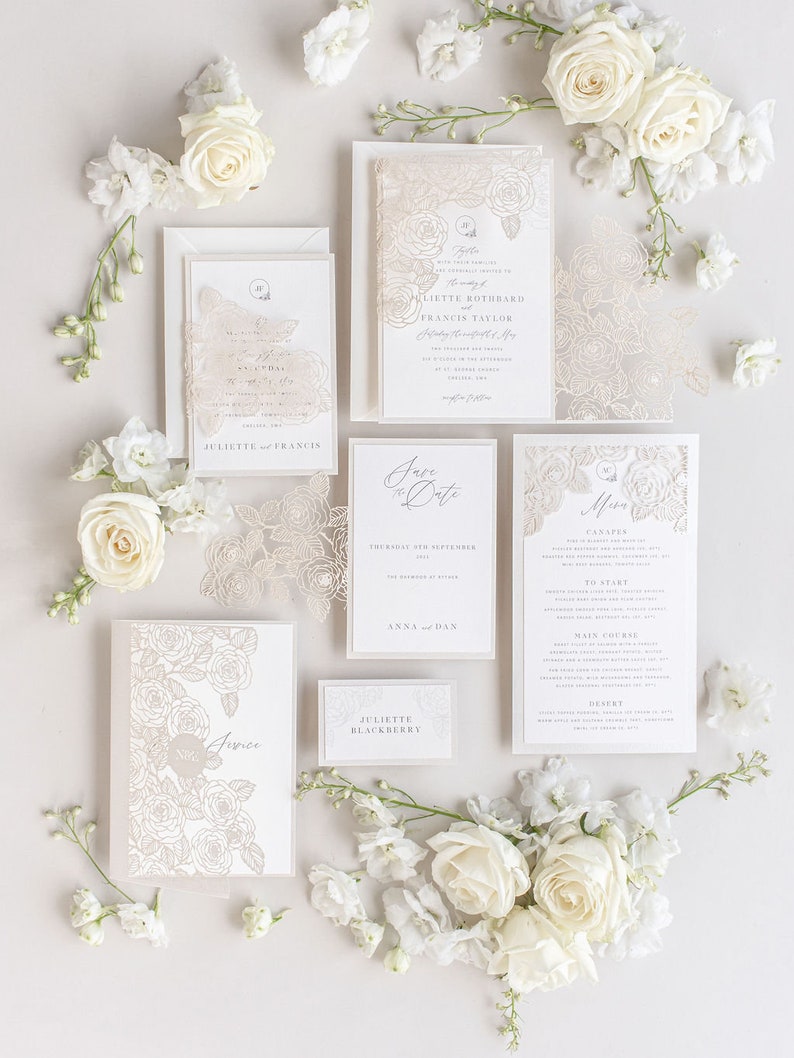 Rose Detail Laser Cut, Elegant Wedding Card Pearl Foil with Intricate Laser Cut Die Cut Rose Detail Wrap Day Invitation Envelopes image 7
