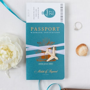 Teal Blue & Gold Passport Wedding Invitation - Luxury Engraved Plane in Gold Plexi Passport and Copper Foil Destination Wedding
