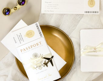 Gold Passport Wedding Invitation - Luxury Engraved Plane in Gold Plexi Passport & Real Gold Foil Destination Wedding