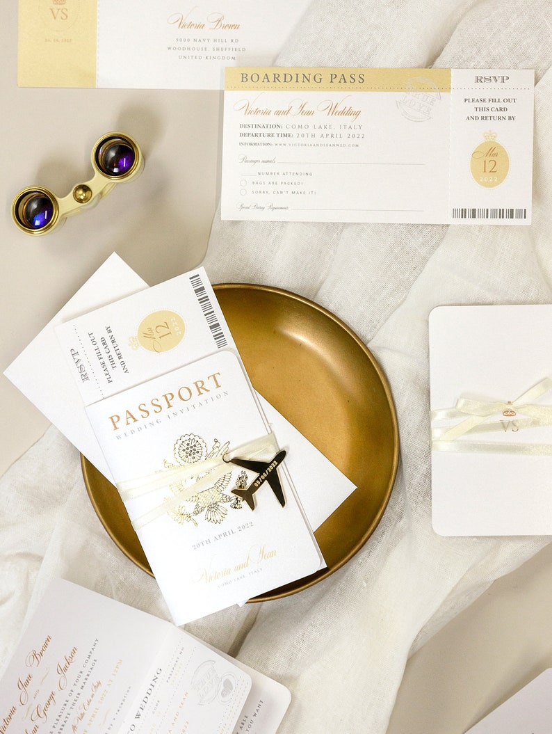 Gold Invite Plane Luxury Passport Wedding Invitation Plane Engraved, Gold Foil Boarding Pass,Wedding Abroad, Destination Wedding,Travel image 4