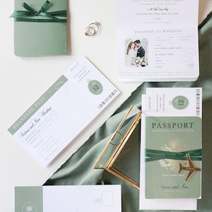 Sage Green Passport Wedding Invitation - Luxury Engraved Plane in Gold Plexi Passport & Real Gold Foil Destination Wedding