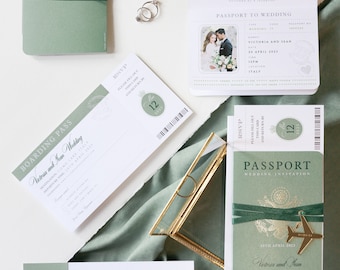 Sage Green Passport Wedding Invitation - Luxury Engraved Plane in Gold Plexi Passport & Real Gold Foil Destination Wedding