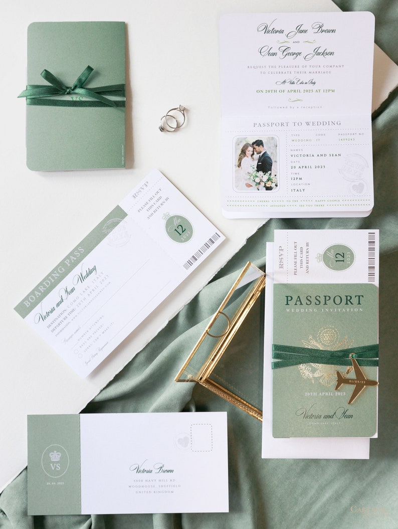 Sage Green Invite Luxury Passport Wedding Invitation Plane Engraved, Gold Foil Boarding Pass,Wedding Abroad, Destination Wedding, Travel image 2