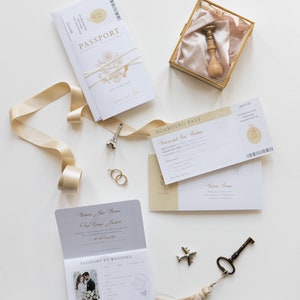 Pass Hochzeitseinladung Champagner und Goldfolie Bordkarte einladen, Hochzeit im Ausland, Hochzeit am Zielort, Reise Hochzeit, Flugzeugticket