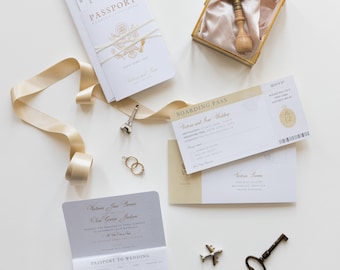 Passport Wedding Invitation Champagne and Gold Foil Boarding Pass Invite, Wedding Abroad, Destination Wedding, Travel Wedding, Plane Ticket