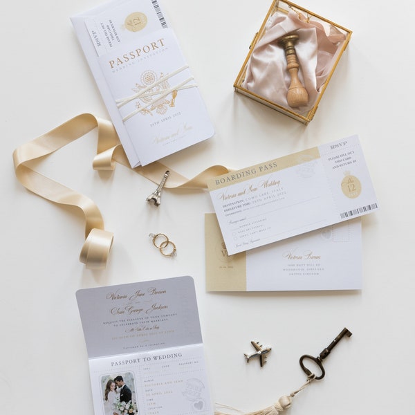 Passport Wedding Invitation Champagne and Gold Foil Boarding Pass Invite, Wedding Abroad, Destination Wedding, Travel Wedding, Plane Ticket