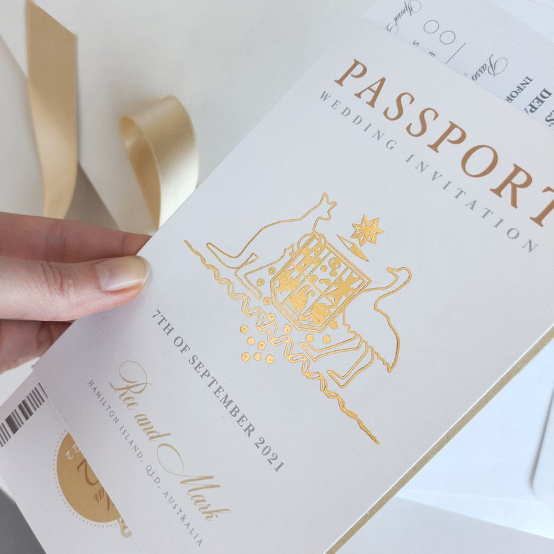 Australian Passport Wedding Invitation Champagne & Gold Foil Boarding Pass Invite,Wedding Abroad, Destination Wedding, Travel Wedding,Ticket image 3