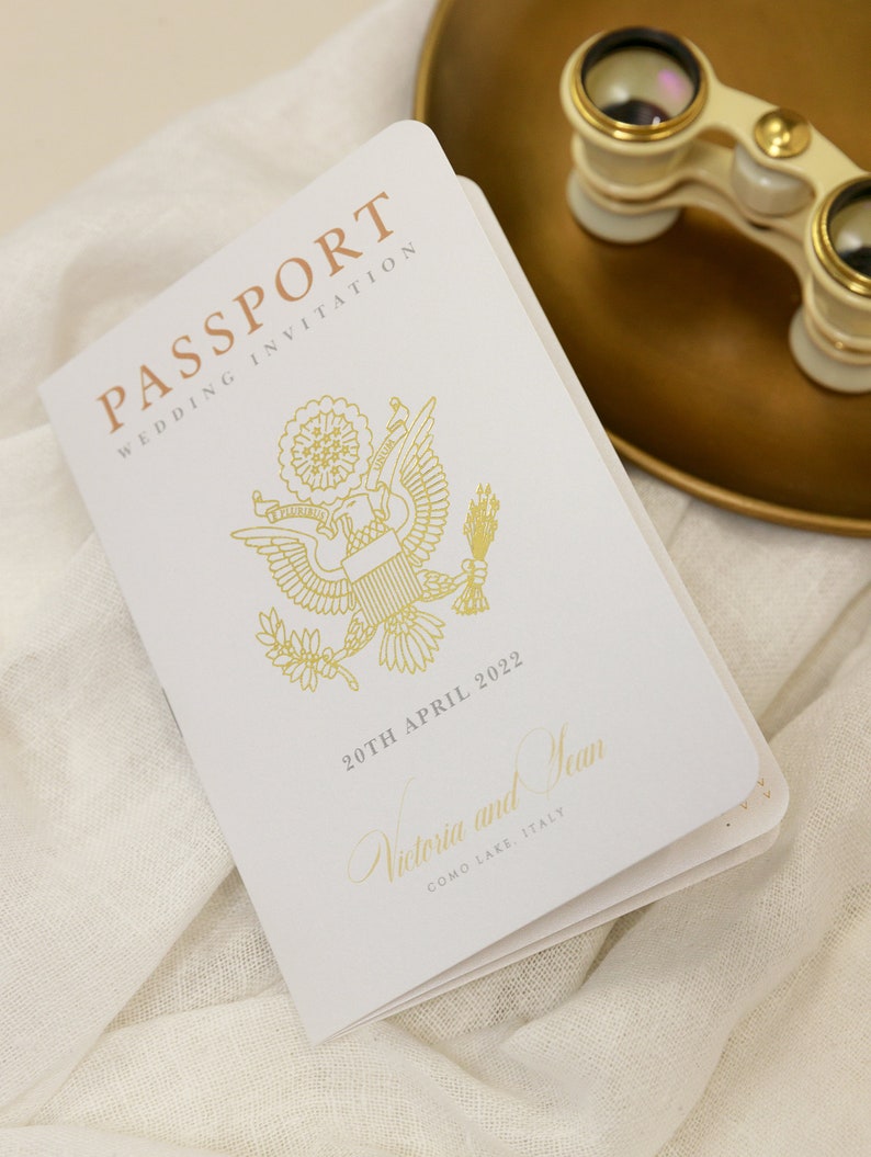 Gold Invite Plane Luxury Passport Wedding Invitation Plane Engraved, Gold Foil Boarding Pass,Wedding Abroad, Destination Wedding,Travel image 10