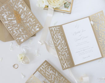 Gold Metallic Arch Gatefold with Intricate Laser Cut Gold Leaf and Lace Day Invitation, Gatefold Invitation with Envelope & Gold Liner