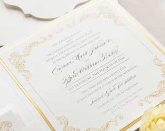 Regal Gold, Square Ivory Pocket, Gold Foil and Cream Wedding Set with –  Cartalia