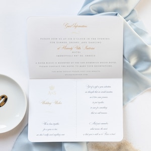 Santorini Blue Invite Luxury Passport Wedding Invitation Plane Engraved, Gold Foil Boarding Pass,Wedding Abroad, Destination Wedding, Travel image 6