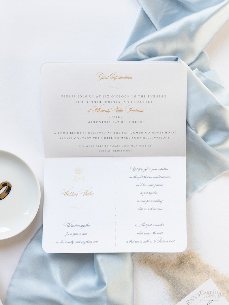 Santorini Blue Invite Luxury Passport Wedding Invitation Plane Engraved, Gold Foil Boarding Pass,Wedding Abroad, Destination Wedding, Travel image 6