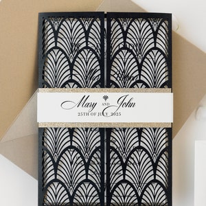 Black Laser cut, Art Deco, Gold Great Gatsby 1920's Personalized Gatefold Wedding Invitation, Glitter Custom Monogram & Envelope, Die Cut Invitation Only