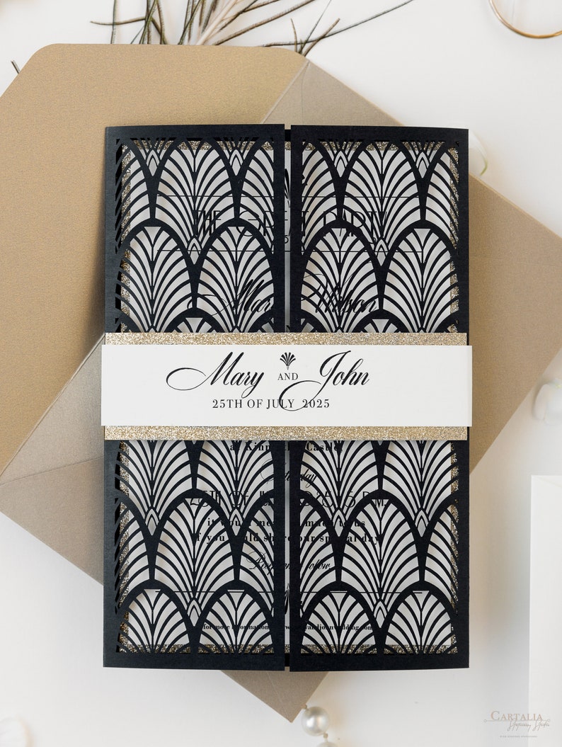Black Laser cut, Art Deco, Gold Great Gatsby 1920's Personalized Gatefold Wedding Invitation, Glitter Custom Monogram & Envelope, Die Cut Invitation Only