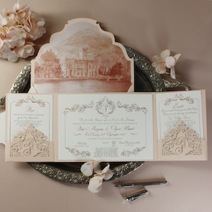 Maßgeschneiderte Comer See Einladungen | Veranstaltungsort Villa Erba Blush Pink Luxus Roségoldfolie Taschenfalte Hochzeitstag, Rsvp, Info-Karte Einladungsfolge