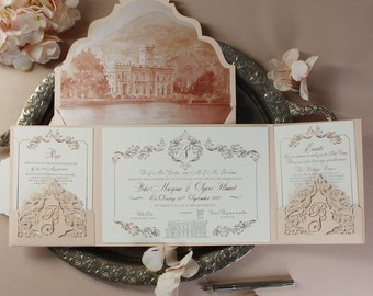 Invitations sur mesure au lac de Côme | Lieu Villa Erba Blush Rose Luxe Rose Gold Foil pocketfold Wedding Day , Rsvp, Info Card Invitation Suite