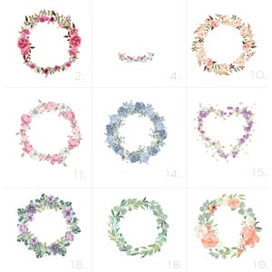 Puede incluir: Una colecci&oacute;n de 10 coronas florales en varios estilos y colores. Las coronas est&aacute;n hechas de ilustraciones de acuarela de flores, hojas y ramas. Las coronas son perfectas para agregar un toque de elegancia y belleza a cualquier proyecto.