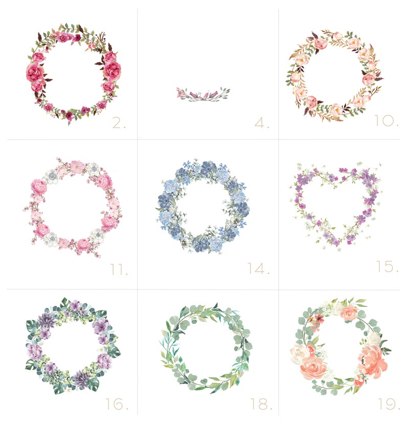 Puede incluir: Una colecci&oacute;n de 10 coronas florales en varios estilos y colores. Las coronas est&aacute;n hechas de ilustraciones de acuarela de flores, hojas y ramas. Las coronas son perfectas para agregar un toque de elegancia y belleza a cualquier proyecto.