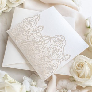 Intricate Quartz Roses Laser Cut Pocket Folder with RSVP Card Luxury Wedding Invitation Wedding Suite in Blush & Pearl White Foil