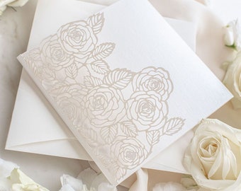 Intricate Quartz Roses Laser Cut Pocket Folder with RSVP Card Luxury Wedding Invitation Wedding Suite in Blush & Pearl White Foil