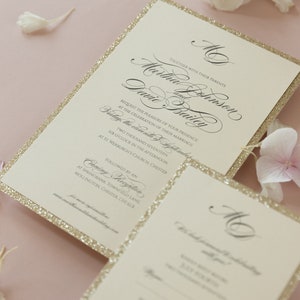 Modern Gold Glitter Wedding Invitation with Belly Band, Simple Rose Pink Elegance Pink Ribbon, Custom Tag, Rsvp Card Envelopes w/ Liners image 6