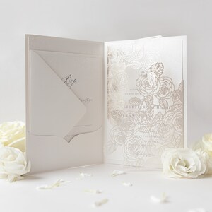 Luxurious Pearl Foil Intricate Laser Cut Roses Wedding Invitation Suite with Rsvp Detail & Belly Band Style Wrap, Pocketfold Invitation image 5