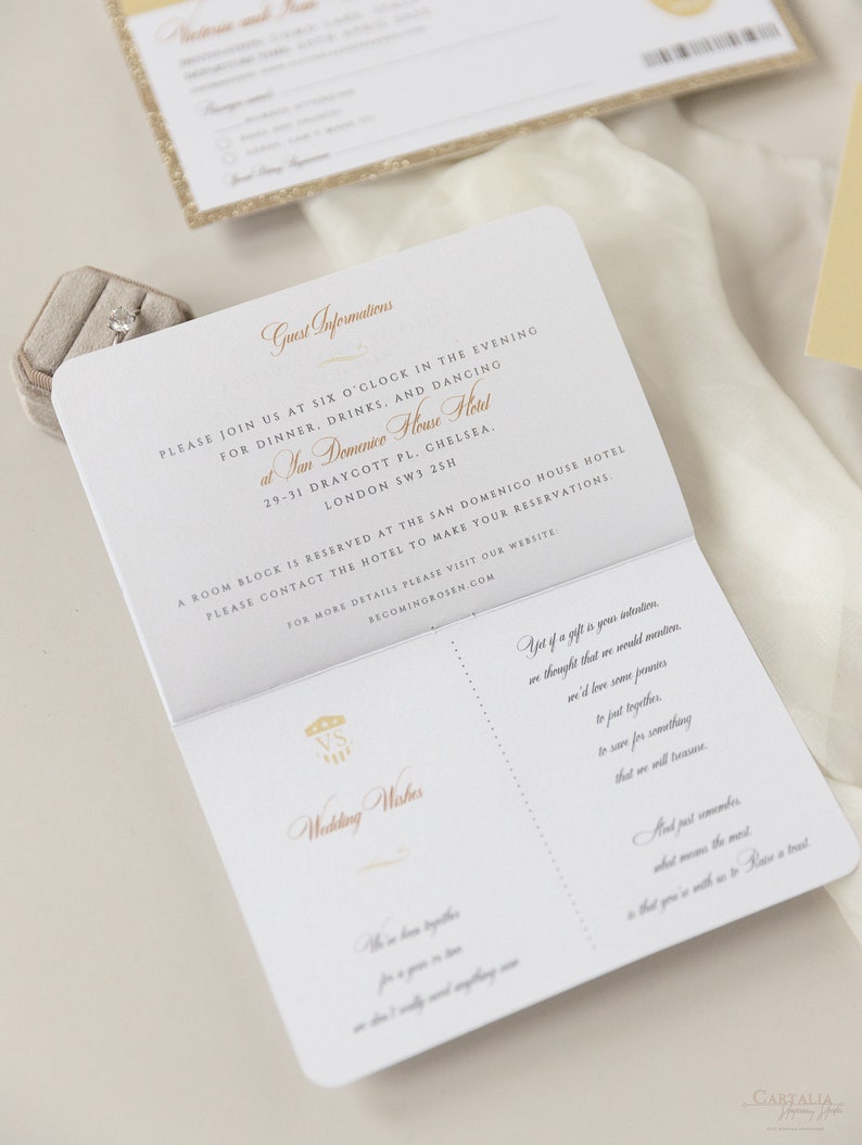 Luxury Passport Wedding Invitation Glitter Champagne and Gold Foil Boarding Pass Invite,Wedding Abroad, Destination Wedding, Travel, Ticket image 6