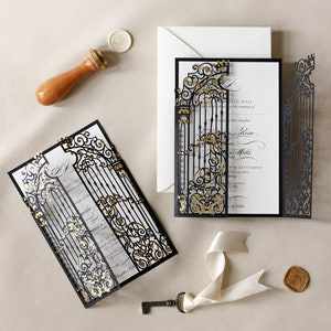 Black Luxury Foil Laser Cut Wedding Invitation Ornamental Gatefold with Gold foil , Monogram Design, Die Cut Invite, Gate with Envelopes