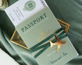 SAMPLE Sage Green Invite Luxury Passport Wedding Invitation Plane Engraved, Gold Foil Boarding Pass,Wedding Abroad, Destination Wedding