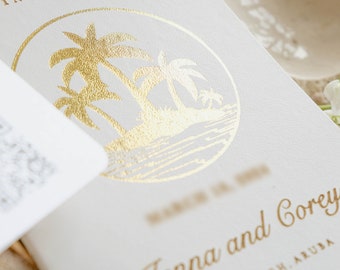 White Vegan Leather Passport, Caribbean Wedding Invitation, Gold Foil Palm Trees, Tropical Destination Wedding Invite, Beach Wedding Invite