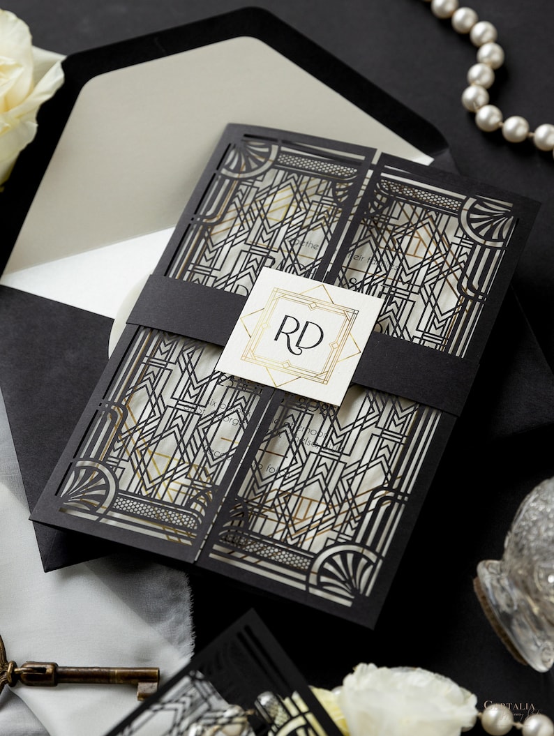 Great Gatsby Black Laser cut, Art Deco, Gold 1920's Personalized Gatefold Wedding Invitation,Custom Monogram & Envelope, Die Cut image 3