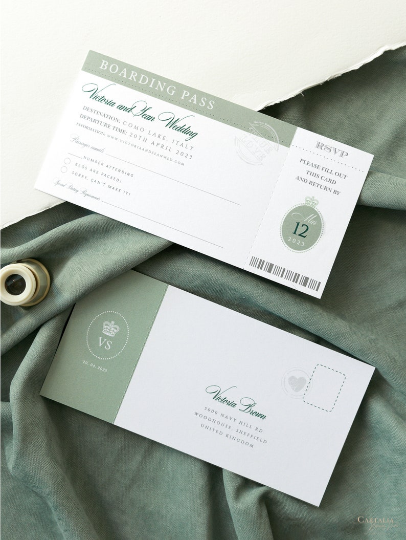 Sage Green Invite Luxury Passport Wedding Invitation Plane Engraved, Gold Foil Boarding Pass,Wedding Abroad, Destination Wedding, Travel image 8