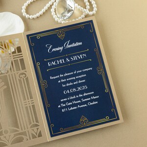 May include: A navy blue invitation card with gold trim and text. The text reads "Evening Invitation", "Rachel & Steven", "Request the pleasure of your company at their evening reception for drinks and dinner", "04.08.2025", "seven o'clock in the afternoon", "at The Gate House, Summer Manor", "871 Lobster Avenue, Cheshire".