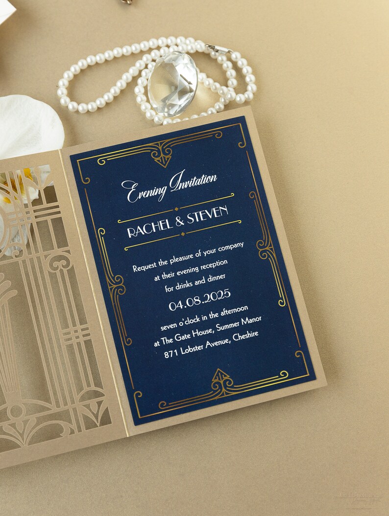 May include: A navy blue invitation card with gold trim and text. The text reads "Evening Invitation", "Rachel & Steven", "Request the pleasure of your company at their evening reception for drinks and dinner", "04.08.2025", "seven o'clock in the afternoon", "at The Gate House, Summer Manor", "871 Lobster Avenue, Cheshire".