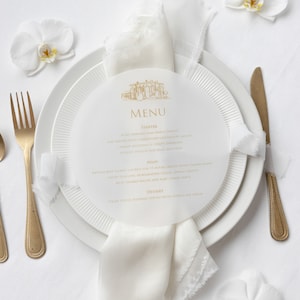 Karty menu na okrągłym talerzu, Karty menu na pergaminie, Menu ze szkicem Twojego miejsca, Proste menu, Menu weselne | Papeteria ślubna Hedsor House