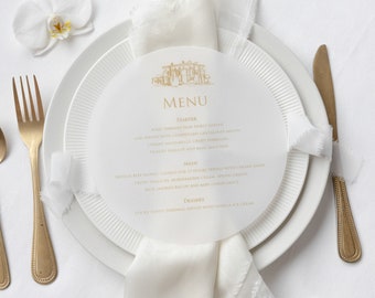 Circle Plate Menu Cards , Vellum Menu Cards , Menu with Your Venue Sketch , Simple Menus , Wedding Menu / Hedsor House Wedding Stationery