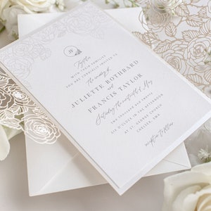 Rose Detail Laser Cut, Elegant Wedding Card Pearl Foil with Intricate Laser Cut Die Cut Rose Detail Wrap Day Invitation Envelopes image 6