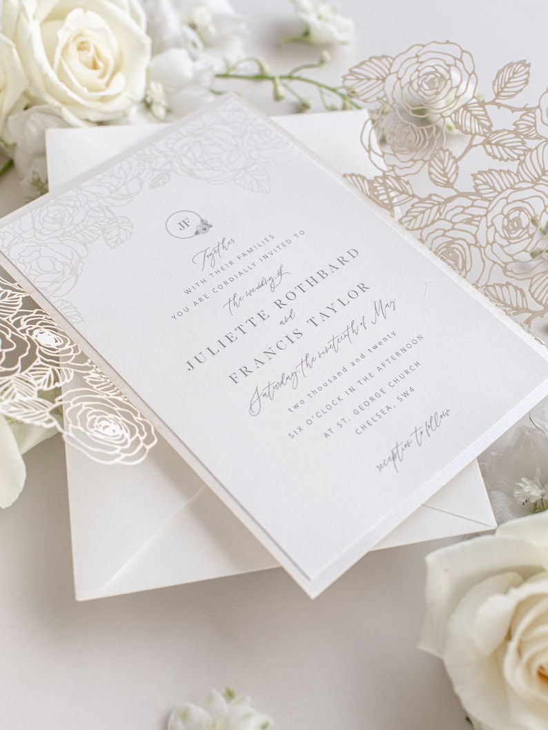 Rose Detail Laser Cut, Elegant Wedding Card Pearl Foil with Intricate Laser Cut Die Cut Rose Detail Wrap Day Invitation Envelopes image 6