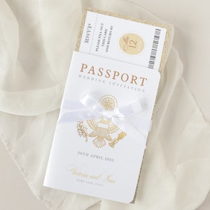 Luxury Passport Wedding Invitation Glitter Champagne and Gold Foil Boarding Pass Invite,Wedding Abroad, Destination Wedding, Travel, Ticket image 2