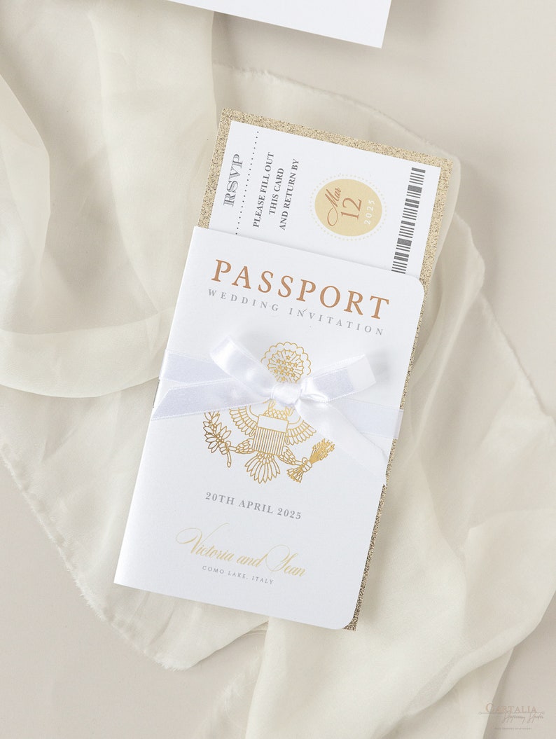 Luxury Passport Wedding Invitation Glitter Champagne and Gold Foil Boarding Pass Invite,Wedding Abroad, Destination Wedding, Travel, Ticket image 2