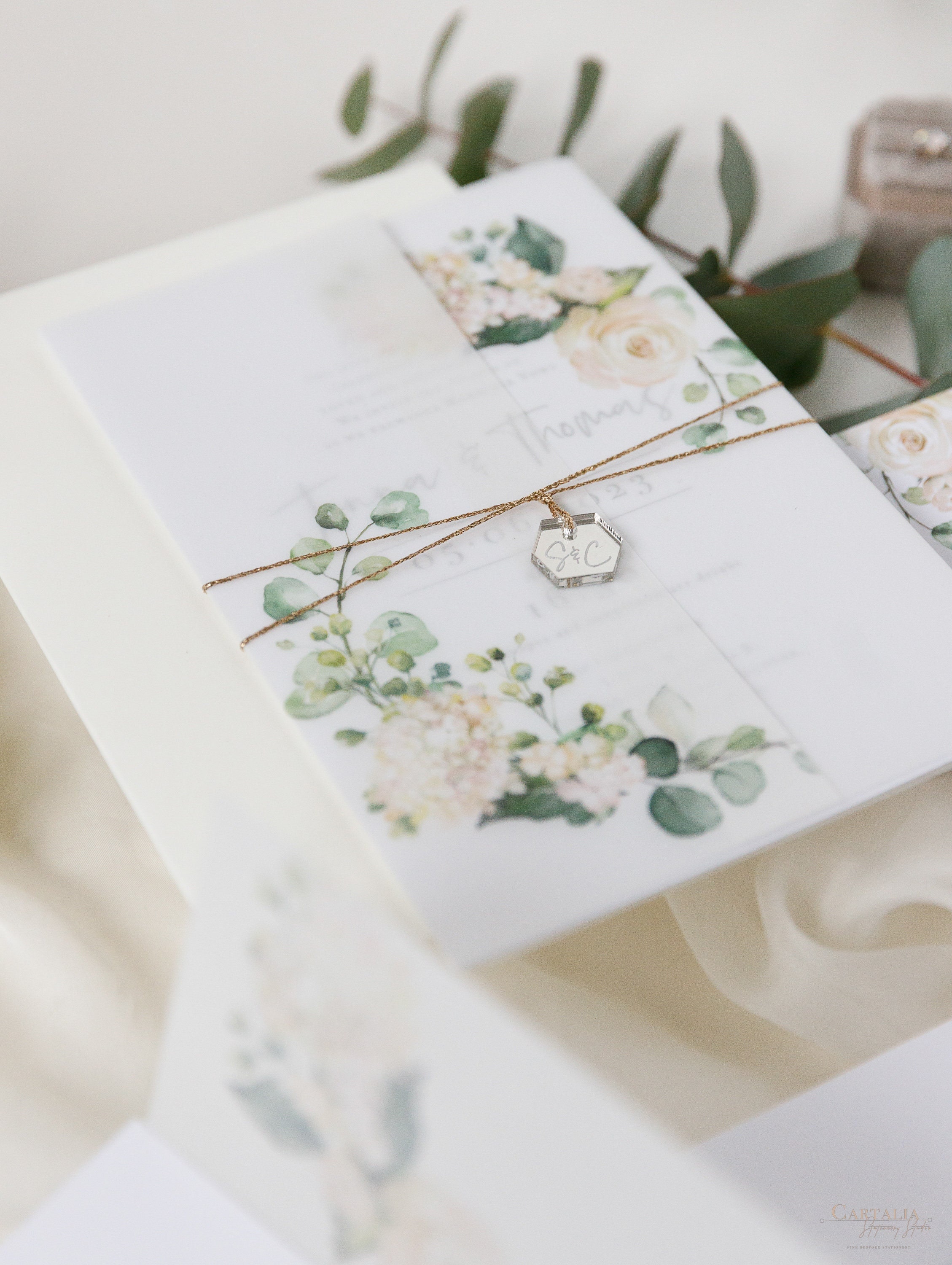Luxury Vellum Jacket Invite | Hydrangeas Day Wedding Invitation with Mirror Plexi Hexagon Tag Parchment Suite, Matching RSVP Card, Envelopes